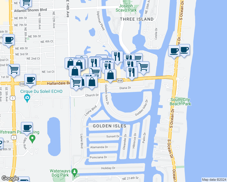 map of restaurants, bars, coffee shops, grocery stores, and more near 468 Golden Isles Drive in Hallandale Beach