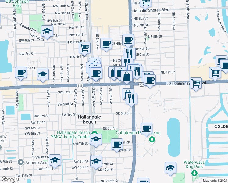 map of restaurants, bars, coffee shops, grocery stores, and more near 41 Southeast 3rd Avenue in Hallandale Beach