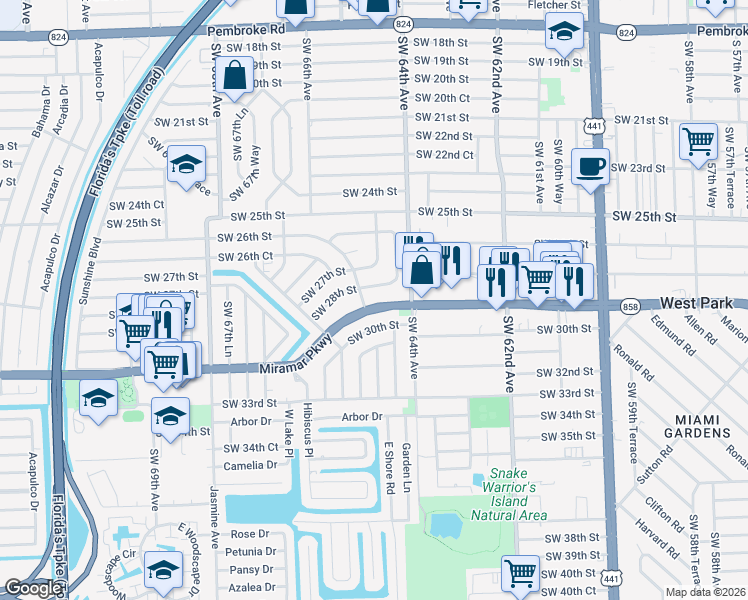map of restaurants, bars, coffee shops, grocery stores, and more near 2828 Southwest 65th Avenue in Miramar