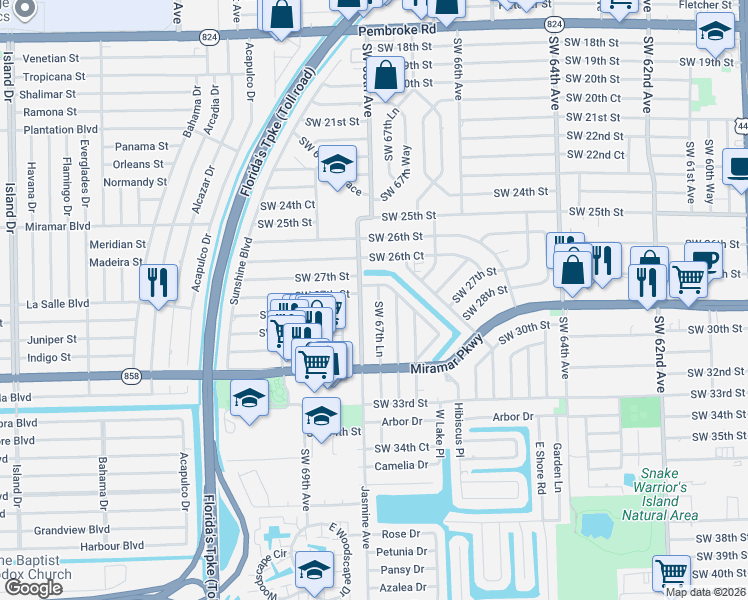 map of restaurants, bars, coffee shops, grocery stores, and more near 2808 Southwest 67th Lane in Miramar