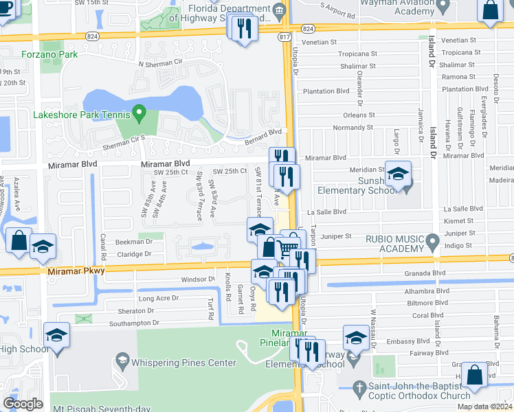 map of restaurants, bars, coffee shops, grocery stores, and more near 2773 Southwest 82nd Avenue in Miramar