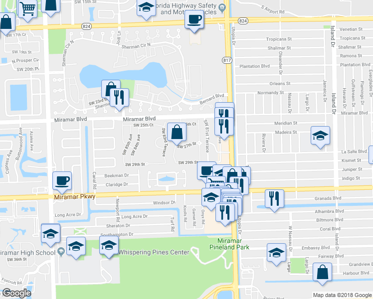 map of restaurants, bars, coffee shops, grocery stores, and more near 8268 Southwest 27th Street in Miramar