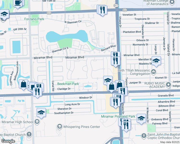 map of restaurants, bars, coffee shops, grocery stores, and more near 2741 Southwest 83rd Terrace in Miramar