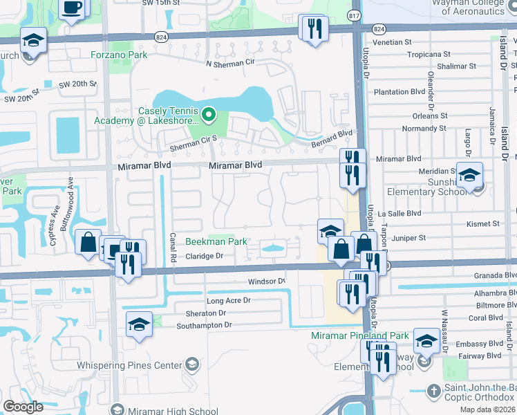 map of restaurants, bars, coffee shops, grocery stores, and more near Southwest 84th Avenue in Miramar