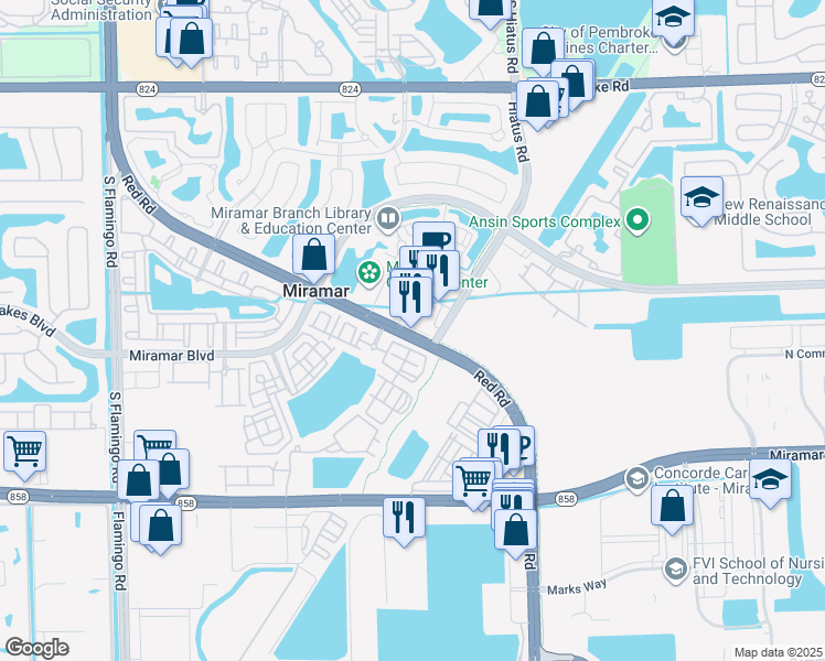 map of restaurants, bars, coffee shops, grocery stores, and more near 11601 Florida 823 in Miramar
