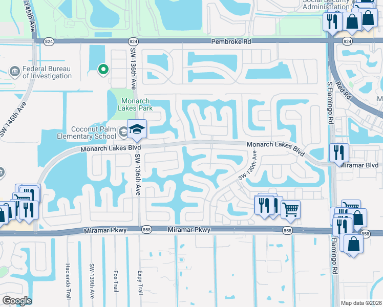 map of restaurants, bars, coffee shops, grocery stores, and more near 13236 Southwest 26th Street in Miramar
