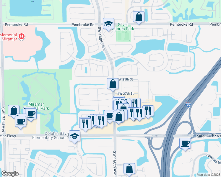 map of restaurants, bars, coffee shops, grocery stores, and more near 16178 Southwest 27th Street in Miramar