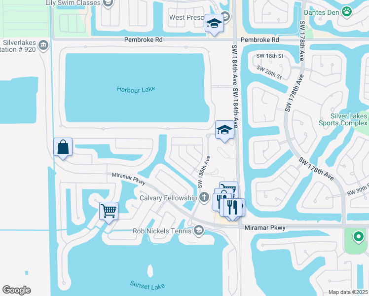 map of restaurants, bars, coffee shops, grocery stores, and more near 2635 Southwest 188th Terrace in Miramar