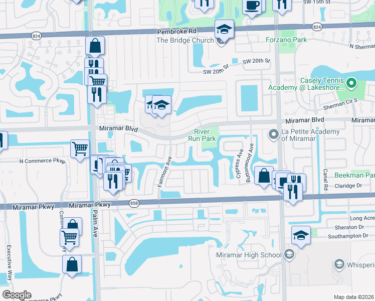 map of restaurants, bars, coffee shops, grocery stores, and more near 2701 Laguna Way in Miramar
