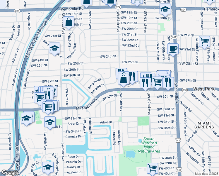 map of restaurants, bars, coffee shops, grocery stores, and more near 6485 Miramar Parkway in Miramar