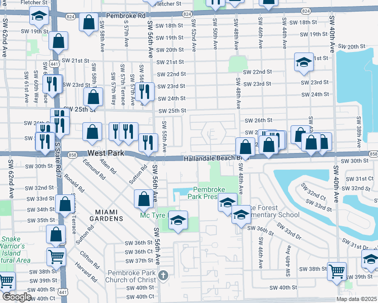 map of restaurants, bars, coffee shops, grocery stores, and more near 5225 West Hallandale Beach Boulevard in Pembroke Park