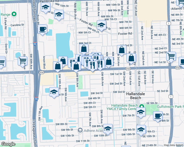 map of restaurants, bars, coffee shops, grocery stores, and more near 631 Southwest 1st Street in Hallandale Beach