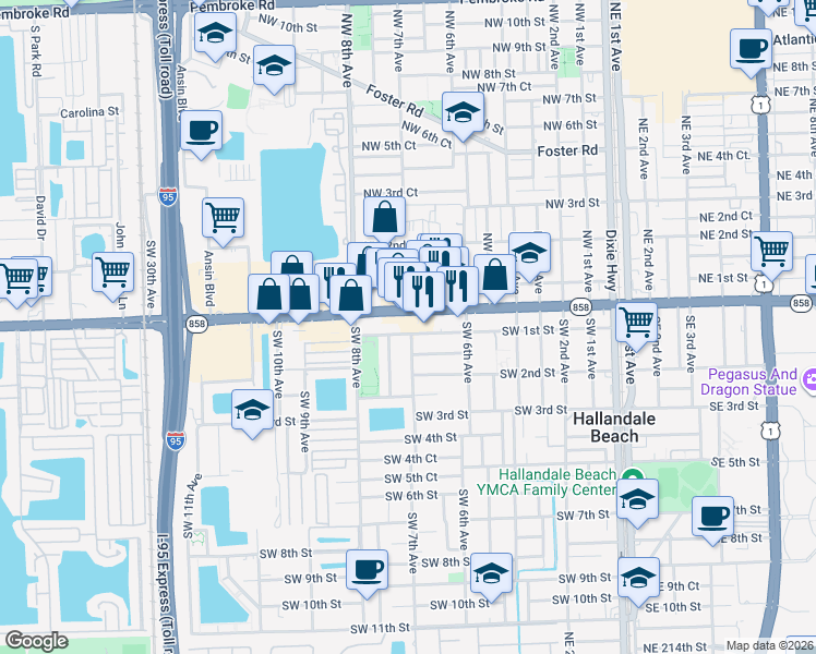 map of restaurants, bars, coffee shops, grocery stores, and more near 716 Southwest 1st Street in Hallandale Beach
