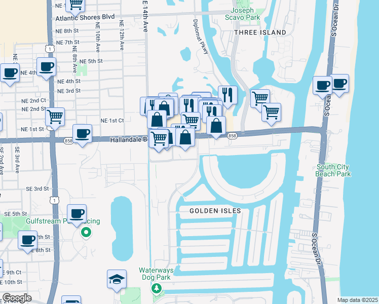 map of restaurants, bars, coffee shops, grocery stores, and more near 1750 East Hallandale Beach Boulevard in Hallandale Beach