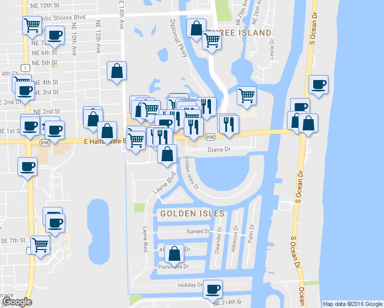 map of restaurants, bars, coffee shops, grocery stores, and more near 1900 Diana Drive in Hallandale Beach