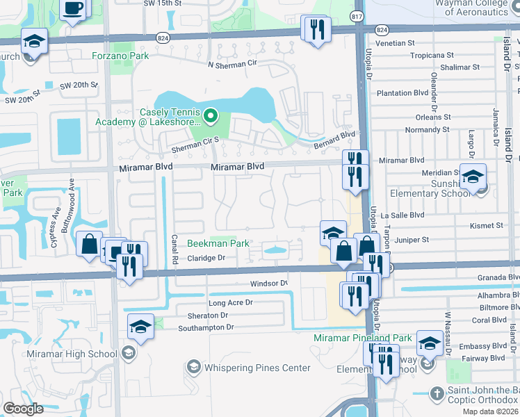 map of restaurants, bars, coffee shops, grocery stores, and more near Southwest 84th Avenue in Miramar