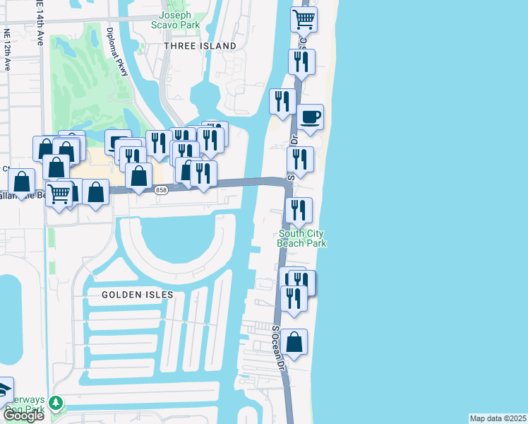 map of restaurants, bars, coffee shops, grocery stores, and more near 1833 South Ocean Drive in Hallandale Beach