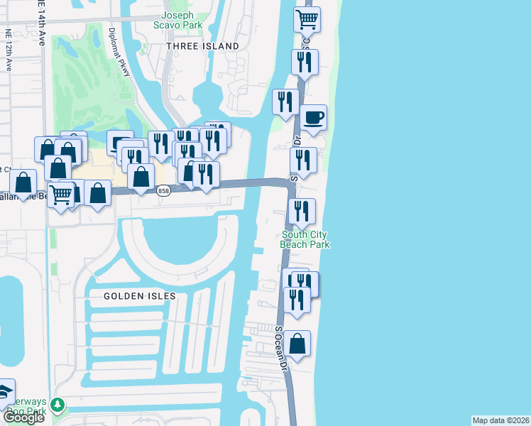 map of restaurants, bars, coffee shops, grocery stores, and more near 1833 South Ocean Drive in Hallandale Beach