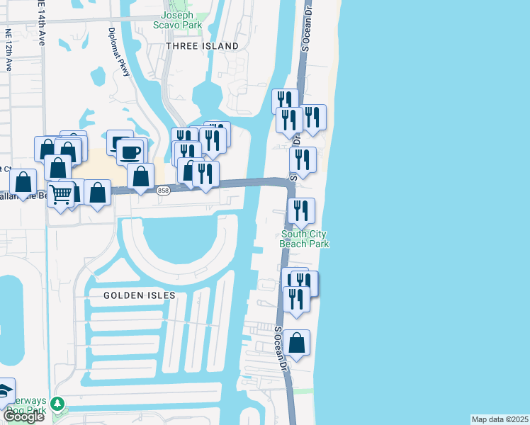 map of restaurants, bars, coffee shops, grocery stores, and more near 1833 South Ocean Drive in Hallandale Beach