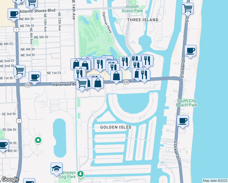 map of restaurants, bars, coffee shops, grocery stores, and more near 468 Golden Isles Drive in Hallandale Beach