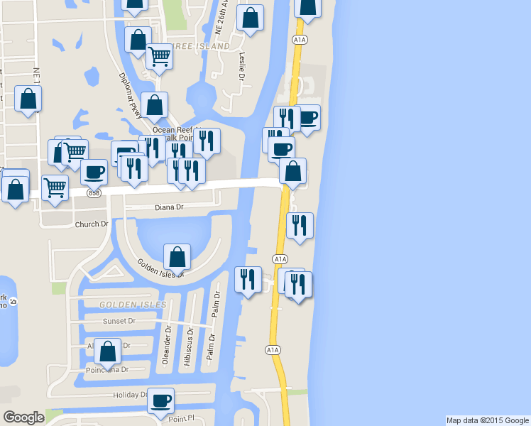 map of restaurants, bars, coffee shops, grocery stores, and more near 1833 South Ocean Drive in Hallandale Beach