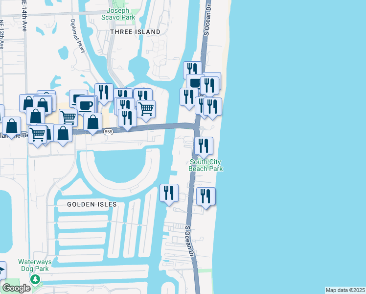 map of restaurants, bars, coffee shops, grocery stores, and more near 1833 South Ocean Drive in Hallandale Beach