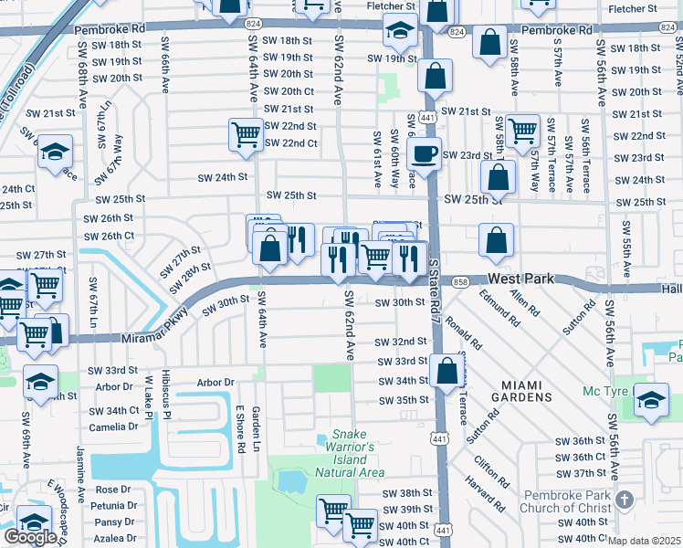 map of restaurants, bars, coffee shops, grocery stores, and more near 6201 Miramar Parkway in Miramar