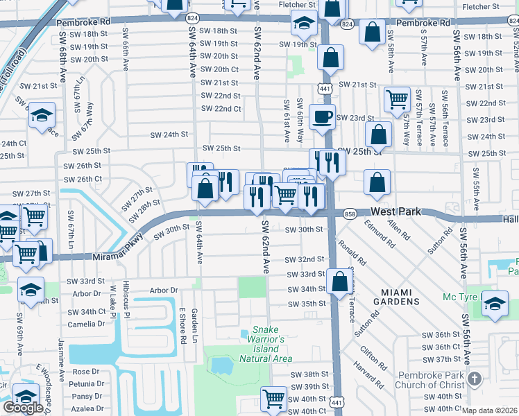 map of restaurants, bars, coffee shops, grocery stores, and more near 6201 Miramar Parkway in Miramar