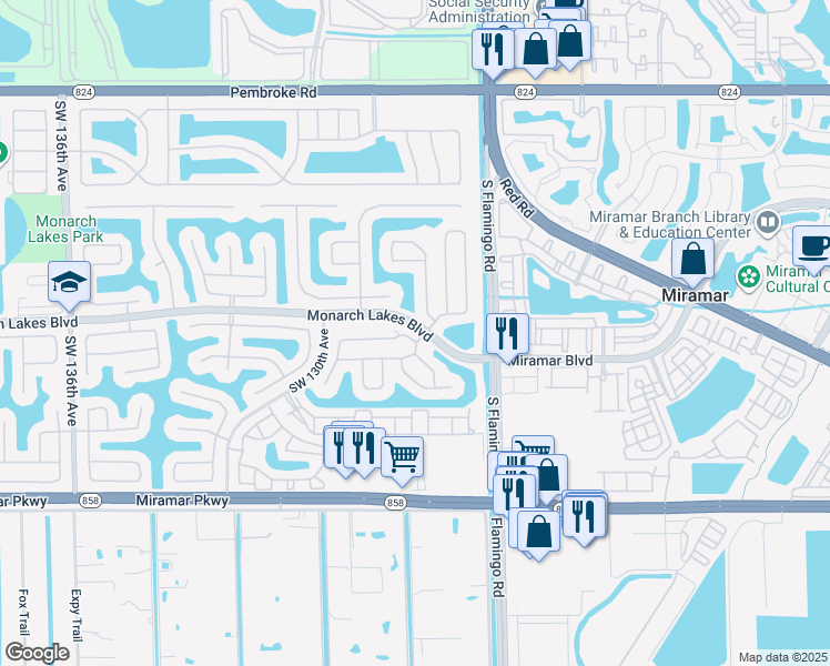 map of restaurants, bars, coffee shops, grocery stores, and more near 11503 Southwest 26th Street in Miramar