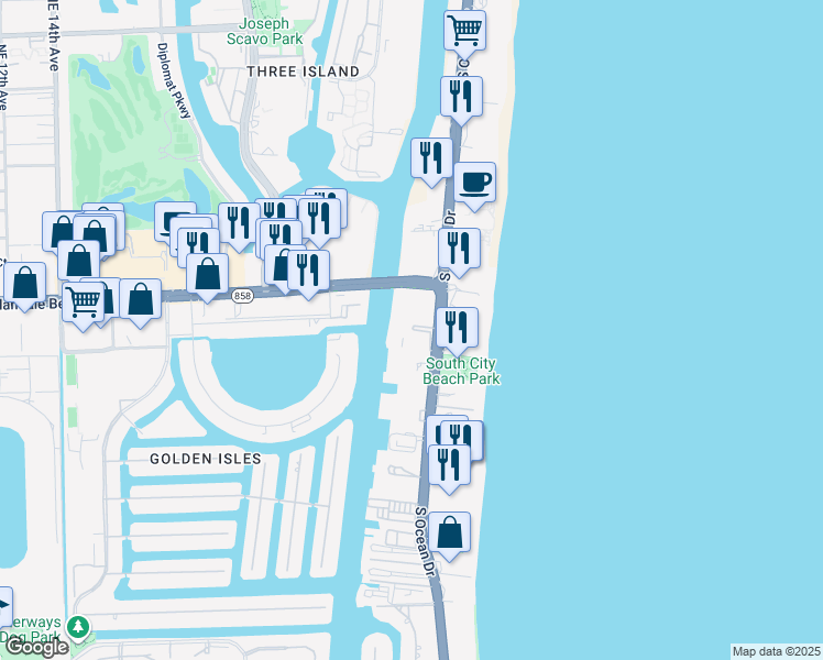 map of restaurants, bars, coffee shops, grocery stores, and more near 1833 South Ocean Drive in Hallandale Beach