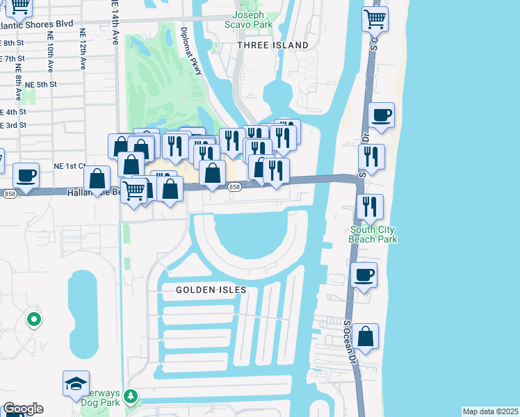 map of restaurants, bars, coffee shops, grocery stores, and more near 2300 Diana Drive in Hallandale Beach