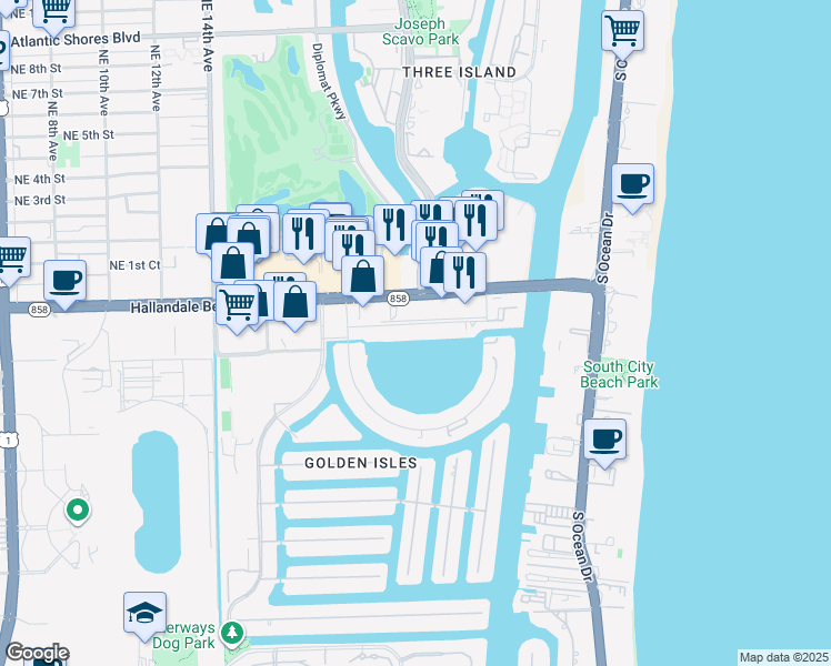 map of restaurants, bars, coffee shops, grocery stores, and more near 2100 Diana Drive in Hallandale Beach