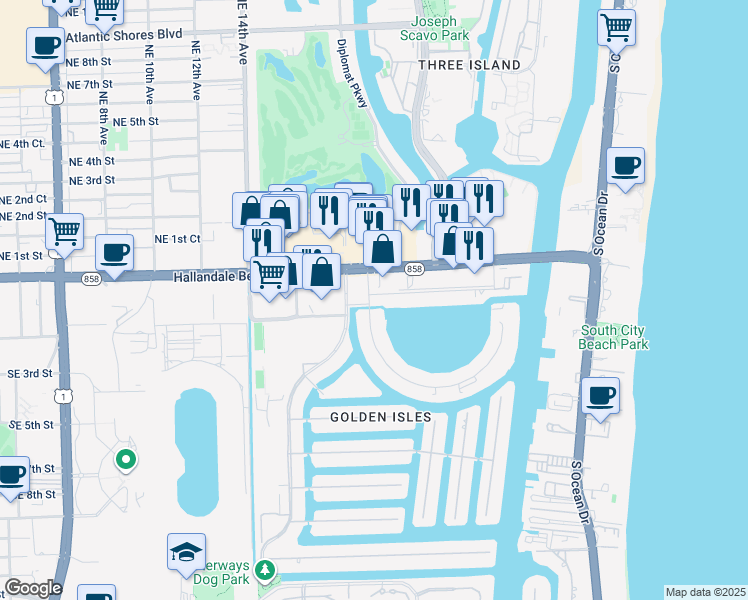 map of restaurants, bars, coffee shops, grocery stores, and more near 468 Golden Isles Drive in Hallandale Beach