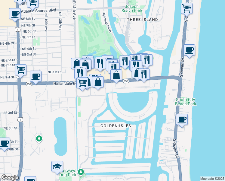 map of restaurants, bars, coffee shops, grocery stores, and more near 468 Golden Isles Drive in Hallandale Beach