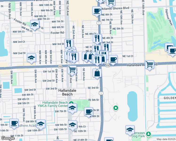 map of restaurants, bars, coffee shops, grocery stores, and more near 41 Southeast 3rd Avenue in Hallandale Beach