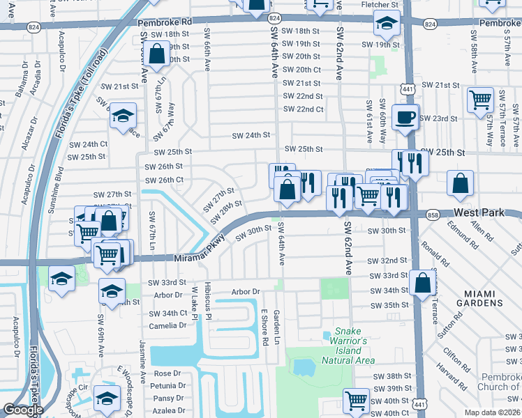 map of restaurants, bars, coffee shops, grocery stores, and more near 6430 Florida 858 in Miramar