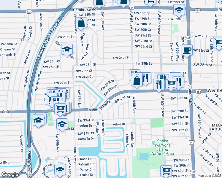 map of restaurants, bars, coffee shops, grocery stores, and more near 6557 Southwest 28th Street in Miramar