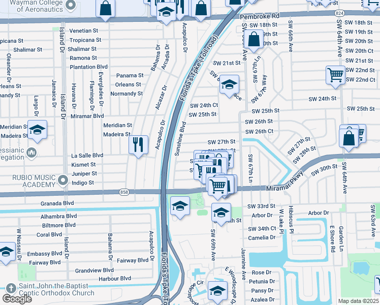 map of restaurants, bars, coffee shops, grocery stores, and more near 7000 Southwest 27th Court in Miramar