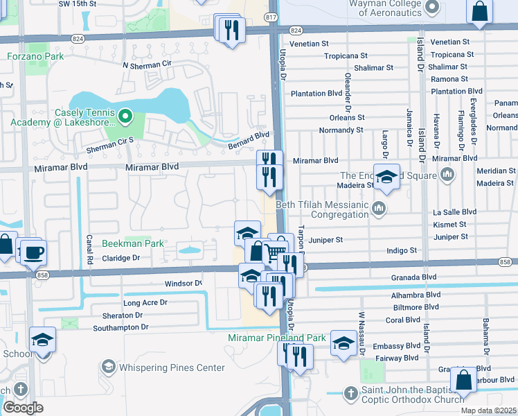 map of restaurants, bars, coffee shops, grocery stores, and more near 2802 Southwest 81st Avenue in Miramar
