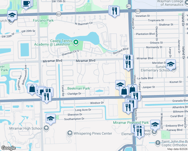 map of restaurants, bars, coffee shops, grocery stores, and more near Southwest 84th Avenue in Miramar