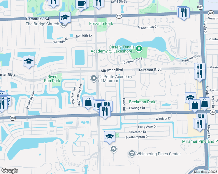 map of restaurants, bars, coffee shops, grocery stores, and more near 8840 South Bermuda Drive in Miramar