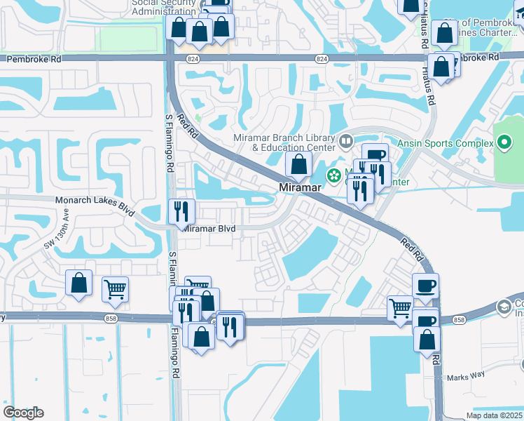 map of restaurants, bars, coffee shops, grocery stores, and more near 2512 Centergate Drive in Miramar