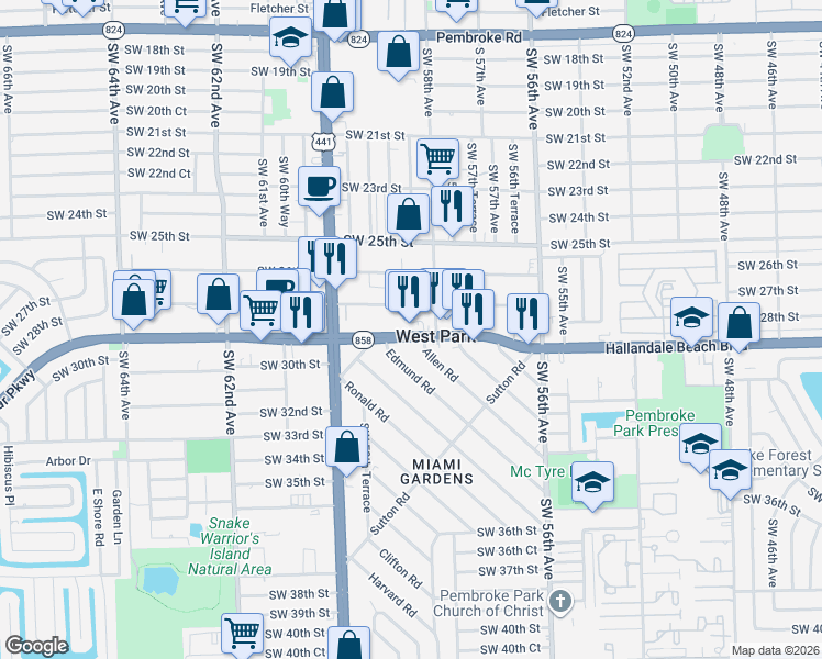 map of restaurants, bars, coffee shops, grocery stores, and more near 5827 West Hallandale Beach Boulevard in West Park