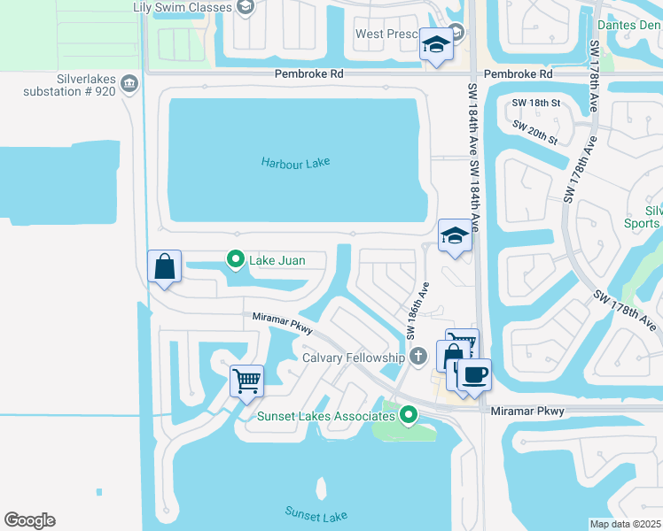 map of restaurants, bars, coffee shops, grocery stores, and more near 2658 Southwest 189th Avenue in Miramar