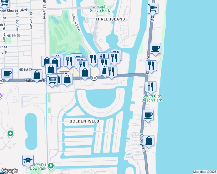 map of restaurants, bars, coffee shops, grocery stores, and more near 2300 Diana Drive in Hallandale Beach