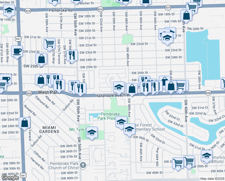 map of restaurants, bars, coffee shops, grocery stores, and more near 4920 Southwest 28th Court in Pembroke Park