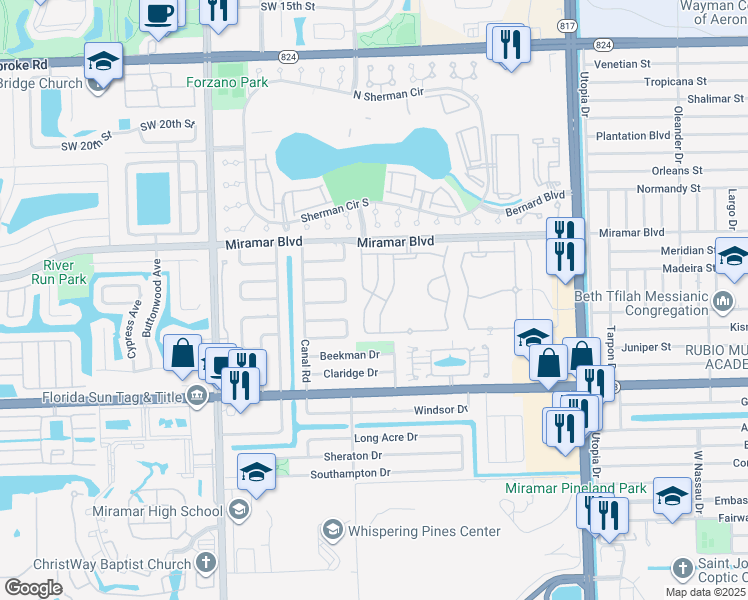 map of restaurants, bars, coffee shops, grocery stores, and more near 2701 Southwest 85th Avenue in Miramar
