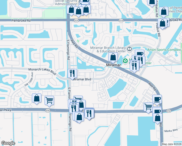 map of restaurants, bars, coffee shops, grocery stores, and more near 57 Centergate Drive in Miramar