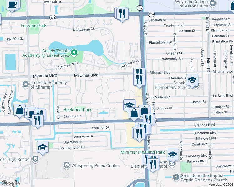map of restaurants, bars, coffee shops, grocery stores, and more near 8268 Southwest 27th Street in Miramar