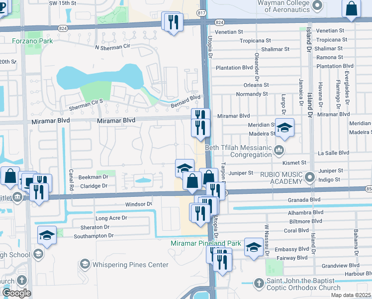 map of restaurants, bars, coffee shops, grocery stores, and more near 2802 Southwest 81st Avenue in Miramar